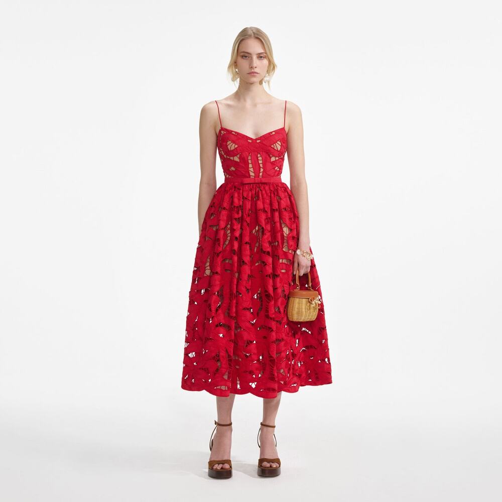 Self-Portrait Bow-detailed cotton-guipure lace midi dress NWT US 2